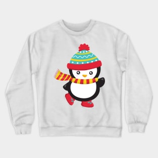 Christmas Penguin, Ice Skating Penguin, Hat, Scarf Crewneck Sweatshirt